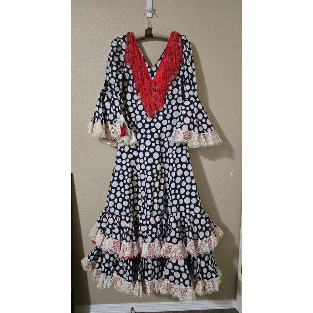 Traditional Vintage Spanish Flamenco Dress Navy Polka Dot Fringe Ruffle size XS